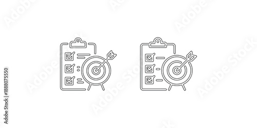 Goal achievement checklist with arrow hitting target and business plan to success strategy and objectives on clipboard illustration line art