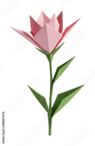 Pink Folded Paper Lily Flower With Stem displays sharp geometric petals and elegant green leaves that capture the essence of traditional origami craft for festive symbols