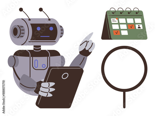Artificial intelligence, automation, productivity tools, task management, scheduling, time optimization. Robot holding tablet, calendar magnifying glass. AI automation and productivity tools concept