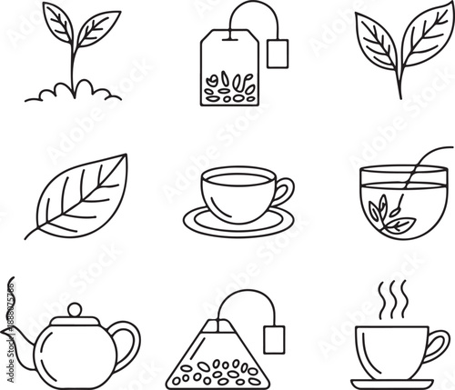 Tea set collection drink beverage teapot cup leaf teabag element illustration art