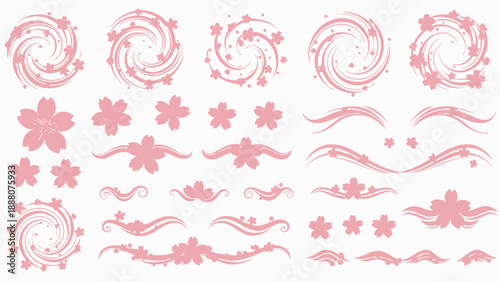 Pink Cherry Blossom Swirls and Floral Ornaments - Vector Graphics Set