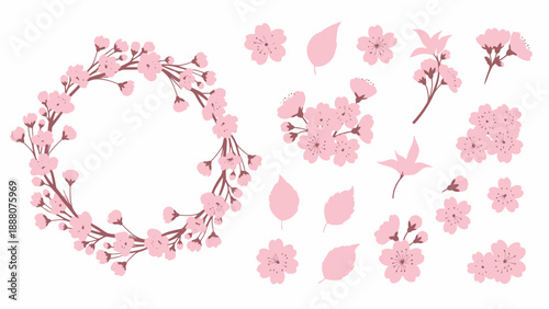 Pink Cherry Blossom Wreath and Elements, Spring Floral Design