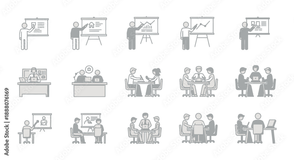 Fototapeta premium business meeting icons vector pack showing professionals collaborating presenting and training within an office environment.
