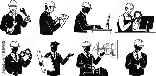 Black and white vector illustration of diverse engineering professionals in hard hats performing technical, mechanical, and planning tasks across industrial and manufacturing roles.