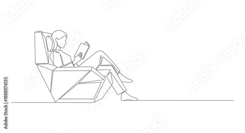 woman relaxing reading book in a comfortable modern geometric lounge chair illustrating personal leisure time and quiet enjoyment at home or travel