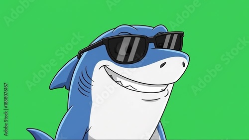Animated cartoon shark wearing sunglasses with a cheerful smile on a vibrant green background