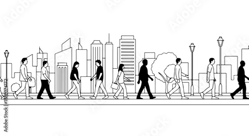 diverse group of people walking in city on sidewalk with urban buildings background modern lifestyle and daily commute line art illustration.