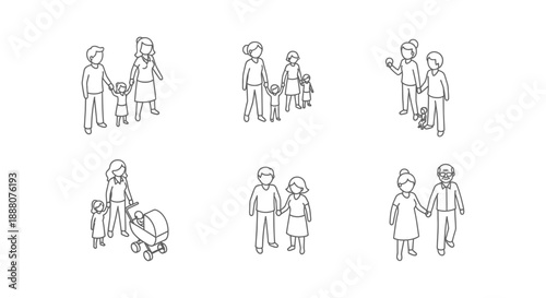line art illustrations of diverse families and generational couples showcasing modern relationship dynamics across different life stages.