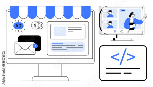 Digital marketing, e-commerce platforms, online learning, communication, web development, remote work. Display of advertisements, coding interface and virtual meeting. Digital marketing