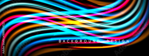 Abstract vibrant lines create flowing wave pattern. Dark background emphasizes colorful light streaks, modern design element.