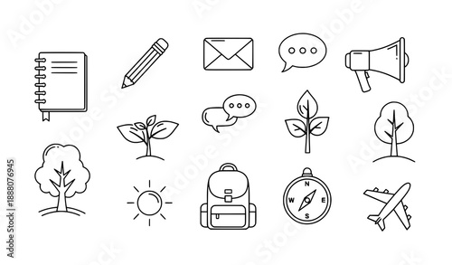 Minimal black outline icons for education communication nature and travel concepts
