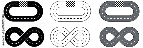 Racing Circuit and Track Clipart Set featuring loop designs and figure-8 road maps for toy car and racing themes.