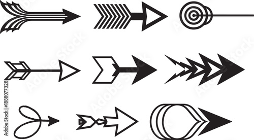 Set of abstract directional arrows and curved line elements isolated