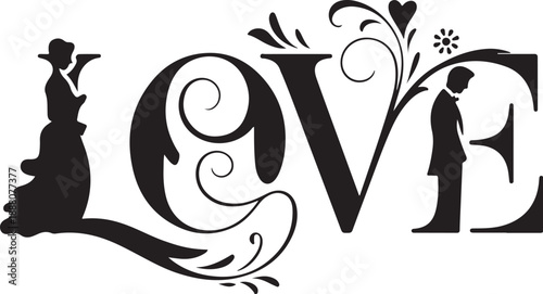 Black and white love with couple silhouettes and floral