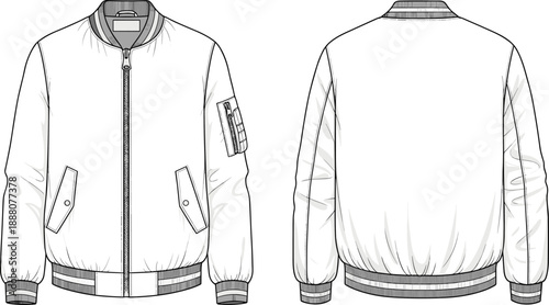 Men bomber jacket technical flat CAD drawing, front and back views with zipper pockets and ribbed cuffs, fashion apparel vector illustration isolated on white