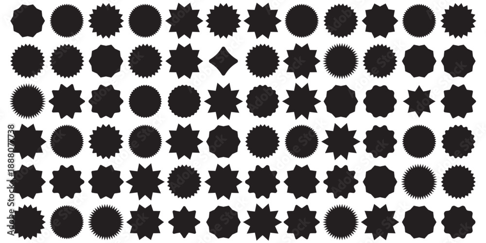 Fototapeta premium Black starburst stamp seal and labels vector set. Jagged sunburst badges, circle stickers, and rosette shape collection for design elements. Black abstract sunburst and starburst shapes collection eps