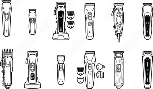 Hair clipper and trimmer icon set, electric barber grooming tools, cordless beard haircut devices, black white outline vector illustration collection