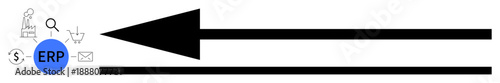 Enterprise Resource Planning. ERP system ed with arrow direction and business icons thumbs up email, shopping cart, and search. ERP simplifies processes and drives business efficiency. For logistics