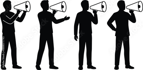 Business people silhouette with megaphone, communication announcement concept, leadership marketing message promotion symbols, black white flat vector illustration set