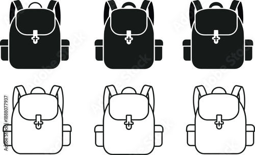 Backpack icon set, school travel bag symbols, student hiking backpack, black white flat outline vector illustration collection design pack bundle