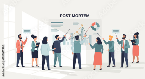 Data-Driven Corporate Team Conducting a Strategic Post-Mortem Analysis to Maximize Future Performance and Lessons Learned