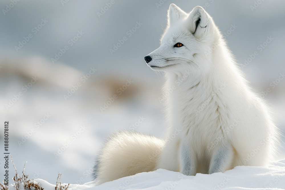 Fototapeta premium Arctic fox resting peacefully on snow-covered ground during winter daylight in the wild, generative ai