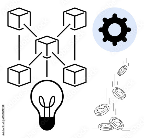 Blockchain, innovation, cryptocurrencies, financial systems, decentralized tech, digital economy. a blockchain network, lightbulb gear and coins. Blockchain and innovation concepts