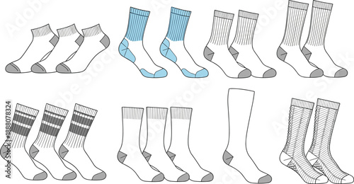 Sock styles cad drawing flat vector illustration set, ankle crew and knee length socks technical apparel outlines, hosiery design collection, fashion manufacturing blueprint