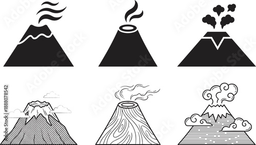 Volcano eruption icon set featuring solid silhouettes and detailed line art illustrations for nature travel geography projects and hazard warning designs,