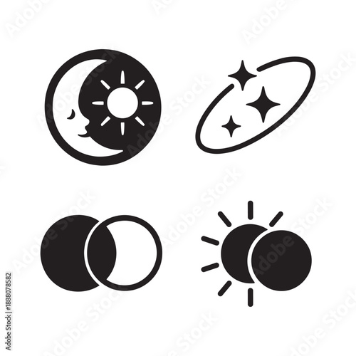 Celestial Event Icons Featuring Moon Face Sun and Eclipse
