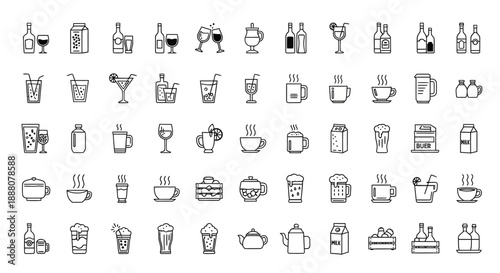 Beverage and Drink Icons: Coffee, Tea, Beer, Wine, Juice, Milk, Cocktails, Water, Hot Drinks, Cold Drinks, Boxes, Bottles, Glasses