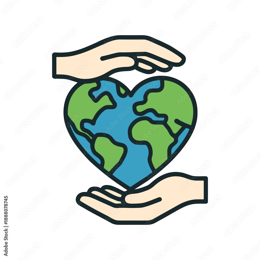 Fototapeta premium earth, globe, world, heart, hands, care, protection, environment, ecology, save the planet, charity, global, love, unity, community, icon, vector, illustration