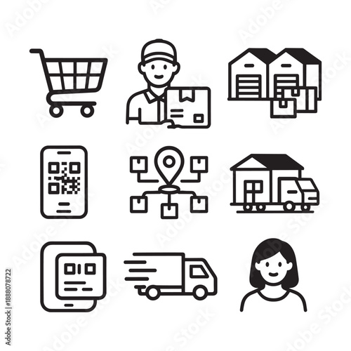E-commerce and fast delivery service icons set with shopping cart and QR code
