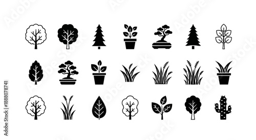 Plant and Tree Icons: Various trees, potted plants, bonsai trees, grass, leaves, cacti, and wheat.