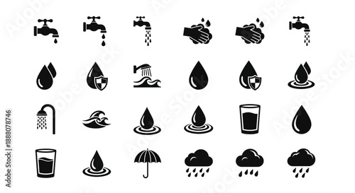 Water Icons: Faucets, dripping water, rain, clouds, showers, waves, water drops, glasses, and umbrella.