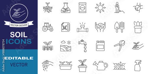 Soil line icon set. Set of 24 line icons related to plant, root, layer, organic, seeds, ground, field and more. Editable stroke. Vector illustration.