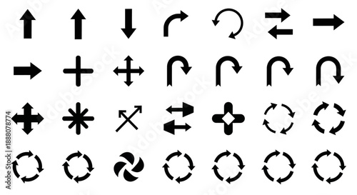Arrow and Navigation Icons: Directional arrows, plus signs, circles, rotation symbols, starbursts.