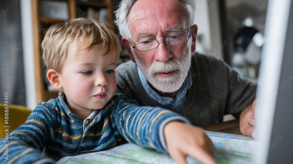 Obraz premium Banner faceless grandfather and grandson sitting together at a computer, the child showing the elder how to navigate a digital map, Intergenerational Learning concept, curiosity an