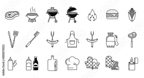 Outline icons related to barbecuing and grilling, featuring steaks, burgers, corn, sausages, grills, and cooking utensils