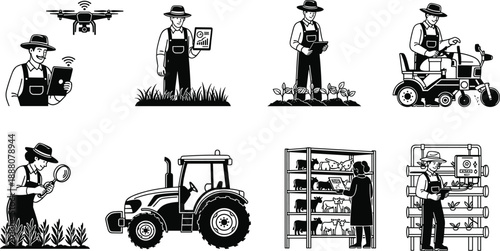 Modern Agriculture Technology Silhouette Set Featuring Farmers, Drones, Smart Devices, Vertical Farming, Livestock Monitoring, and High-Tech Equipment for Precision Farming and Data-Driven Cultivation