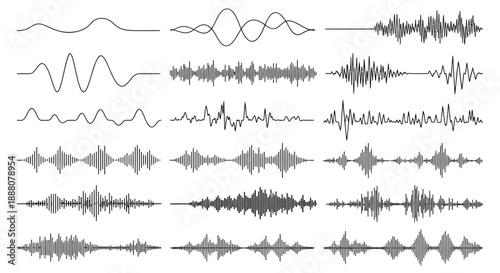 Collection of abstract sound wave forms, representing audio signals, music, and voice recordings in various patterns and frequencies