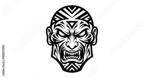 A black and white illustration of a tribal-style angry face with facial markings on a plain white background.