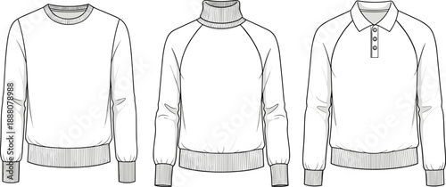 Sweatshirt cad drawing flat vector illustration, crewneck turtleneck and polo styles technical apparel outlines, long sleeve knitwear designs, fashion manufacturing blueprint