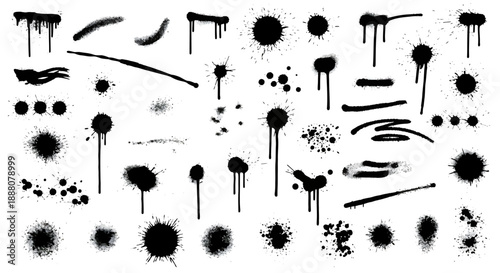 Collection of black ink splatters, drips, and spray paint effects for grunge and artistic design elements