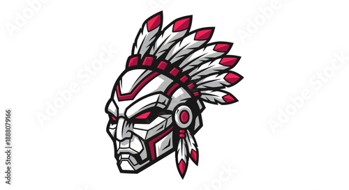 Illustration of a Native American headdress with a fierce expression on a white background with red accents.