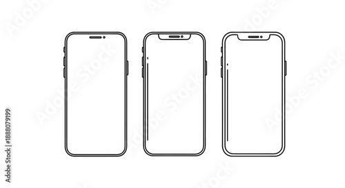 Three minimalist outline icons of modern smartphones, representing mobile technology and devices.