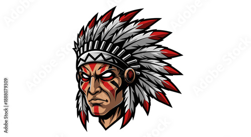 Illustration of a Native American man's head with a headdress and face paint on a white background.