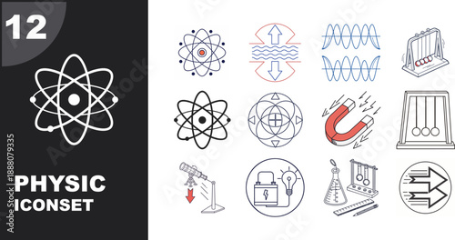 Physics icon set. Physics Icons Set Science Symbols Energy Motion Force Atom Vector