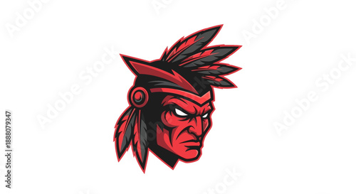 A red and black illustration of a Native American man's head in a cartoon style with a feathered headdress on a white background.