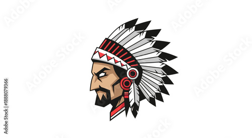 Illustration of a Native American man's head wearing a traditional feathered headdress in profile view against a plain white background.
